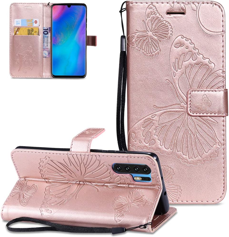 FNBK Flip Case for Huawei P30 Pro Wallet Cover 3D Butterfly Embossed Design Case with Magnetic Clasp Stand Function Card Holder Galaxy J7 2017 Case for Women