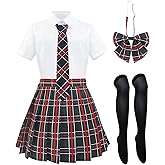 HidmFaw Schoolgirl Outfit for Women Japanese Uniform Set Plaid Skirt Cosplay Sailor Costume with Bow Tie Socks 5 PCS US Size