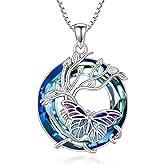 SHINYKEND Tree of Life Phoenix/Butterfly Necklace for Women, 925 Sterling Silver Blue Crystal Animal/Birds Pendant Jewelry Birthday Mothers Day Christmas Gifts for Mom Wife Her 18+2/22+2 Inches