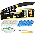 Hiija RJ45 Crimp Tool Kit Pass Through Cat6 Crimping Tool Kit, All-in-One Ethernet Crimper with Network Cable Tester, 50PCS Cat6 Connectors, 50PCS Boots, Mini Wire Stripper
