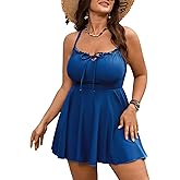 SCOMCHIC Womens Plus Size Swim Dress One Piece Swimsuit Tummy Control Bathing Suit Ruffle Tie Front Ruched Swimdress Swimwear