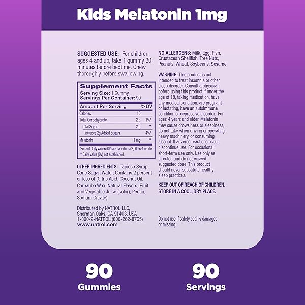 NATROL KIDS MELATONIN GUMMIES 1MG, CHILDREN’S MELATONIN FOR RESTFUL SLEEP, 90 RASPBERRY-FLAVORED SLEEP GUMMIES, 90 DAY SUPPLY
