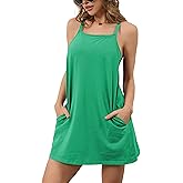Faleave Women's Summer Sleeveless Mini Athletic Dress Built-in Shorts Square Neck Spaghetti Straps Sundress with Pockets