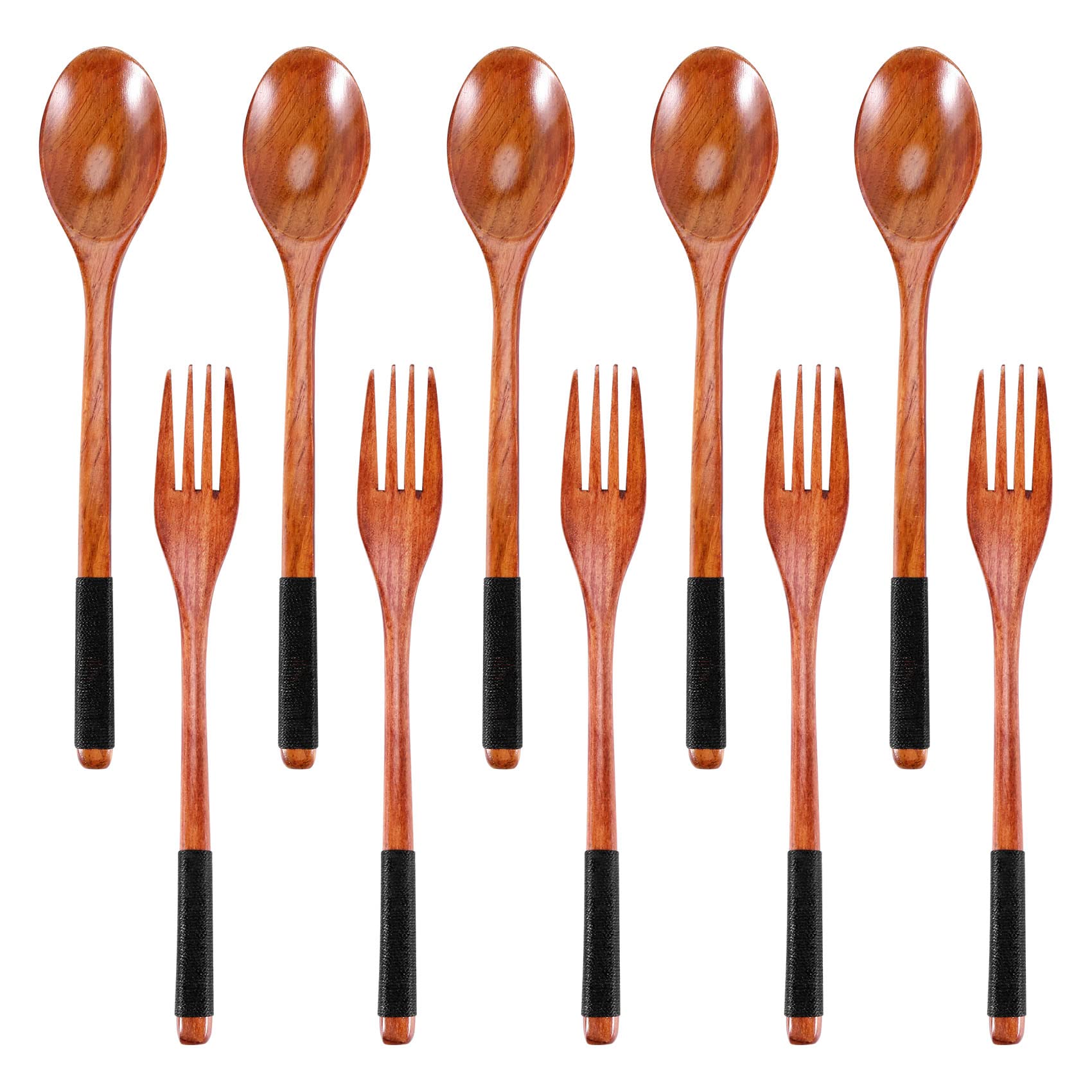 XIAOJUN Wooden Spoons Forks Set Japanese Style Wooden Utensils Set for Eating Wood Flatware Set Reusable (Black,10 Pieces)