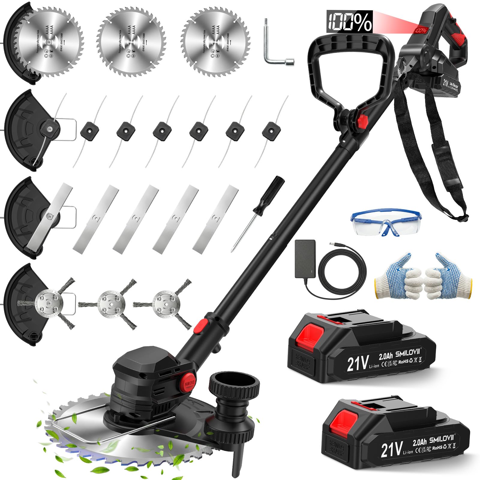 Photo 1 of SMILOVII 21V Cordless Weed Wacker Lawn Edger, 4.6lbs Lightweight Battery Powered String Trimmer, 4-in-1 Brush Cutter with Metal Blades, Wire Brush & Guide Wheel for Garden Edging (2 Batteries, 2.0Ah)