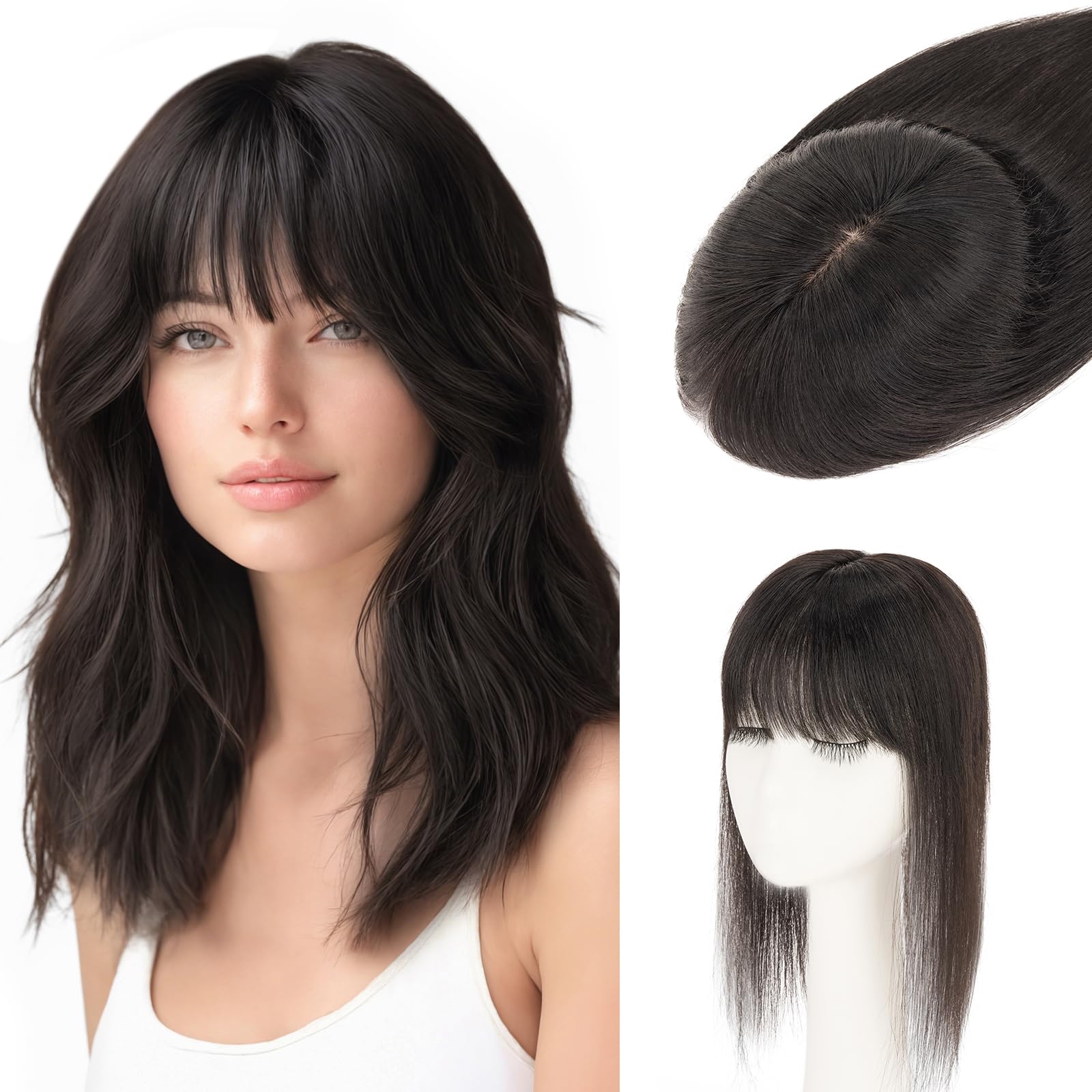 Photo 1 of S-noilite Hair Toppers for Women Real Human Hair, 100% Human Hair Toppers with Bangs for Thin Hair,3.5"*4.7" Handmade Nature-mimicking Scalp Base 14” Natural Black