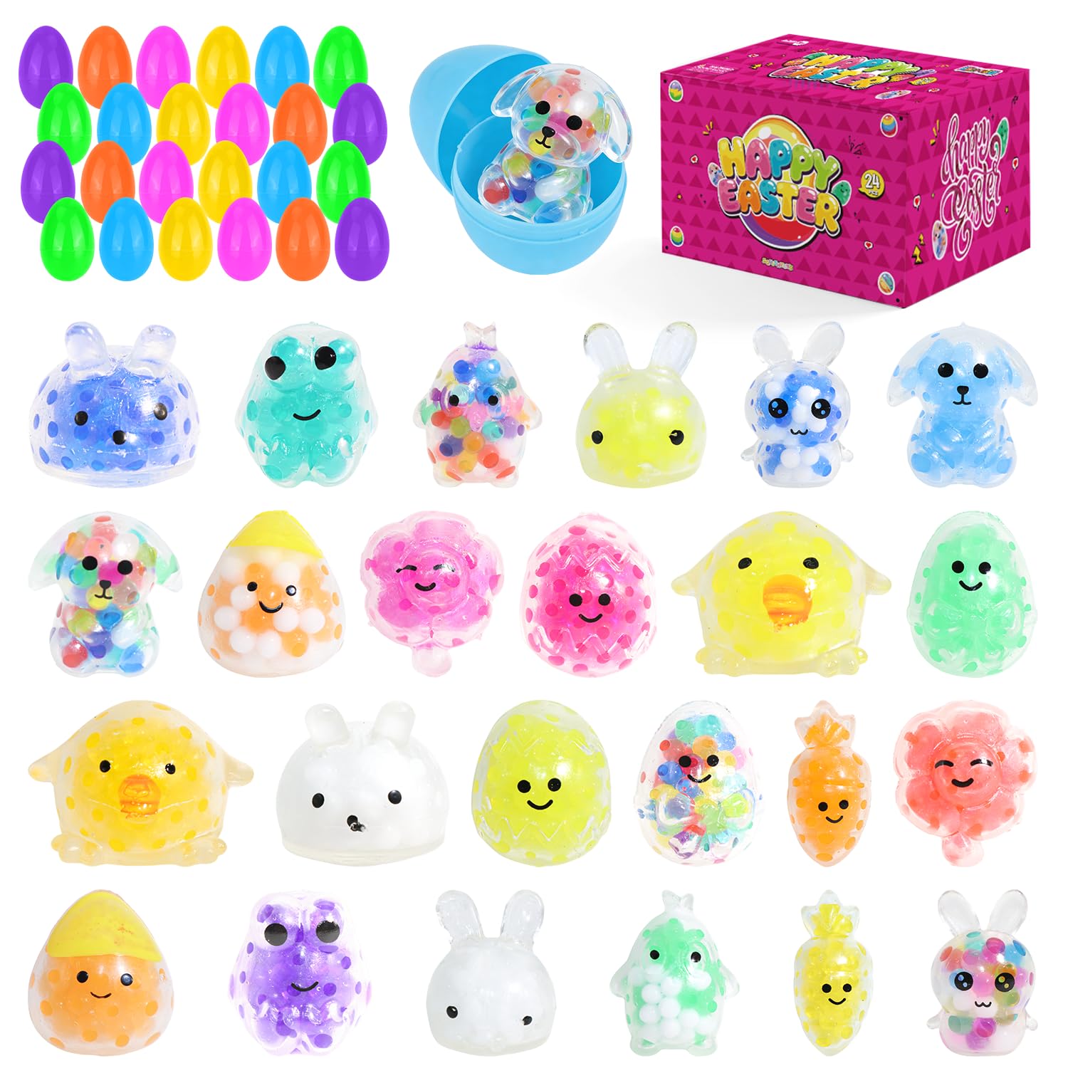 24PCS Pack Easter Squishies,Easter Bunny Stress Balls for Adults,Easter Basket Stuffers,Bulk Squishy Easter Toys Stress Relief Fidget,Easter Egg Fillers Party Favors Gifts