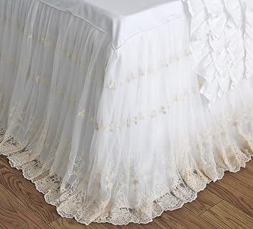 Queens House Ivory Luxury Lace Ruffle Shabby Bed Skirt Split Corners Coverlets Bedspreads Dust Ruffles-King30 Drop