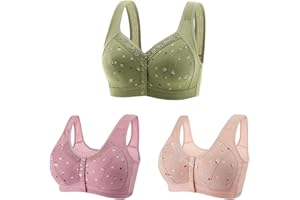 LMDUDAN 3 Pack Medium Elderly Women Button Front Closure Bras Wireless Cotton Everyday Soft Cup No Pads Bras Underwear