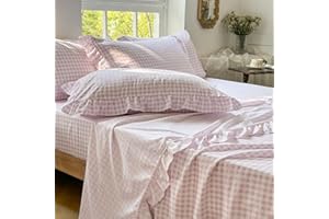 NSNLGSGC Pink Gingham Ruffle Queen Sheet Set, Pink Soft Pre-Washed Microfiber Plaid Queen Bed Sheets, 4-Pieces Farmhouse Shee