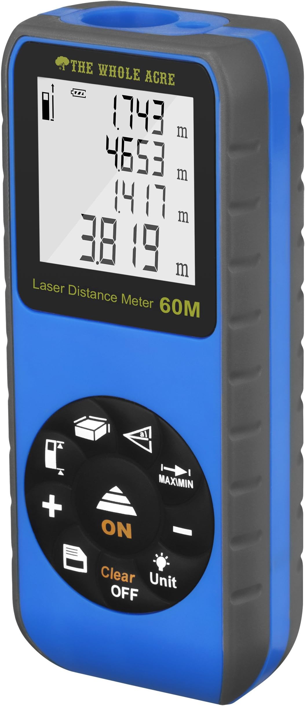 The Whole Acre Laser Measure - Compact and Accurate Distance Meter with 196 Feet Range - Indoor Outdoor Digital Tool Kit with Pythagorean Mode for Measuring Length Height Area Volume - For Pro or DIY