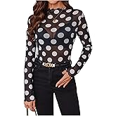GORGLITTER Women's Polka Dots Mesh Sheer Top Long Sleeve See Through Mock Neck T Shirt Going Out Trendy 2025