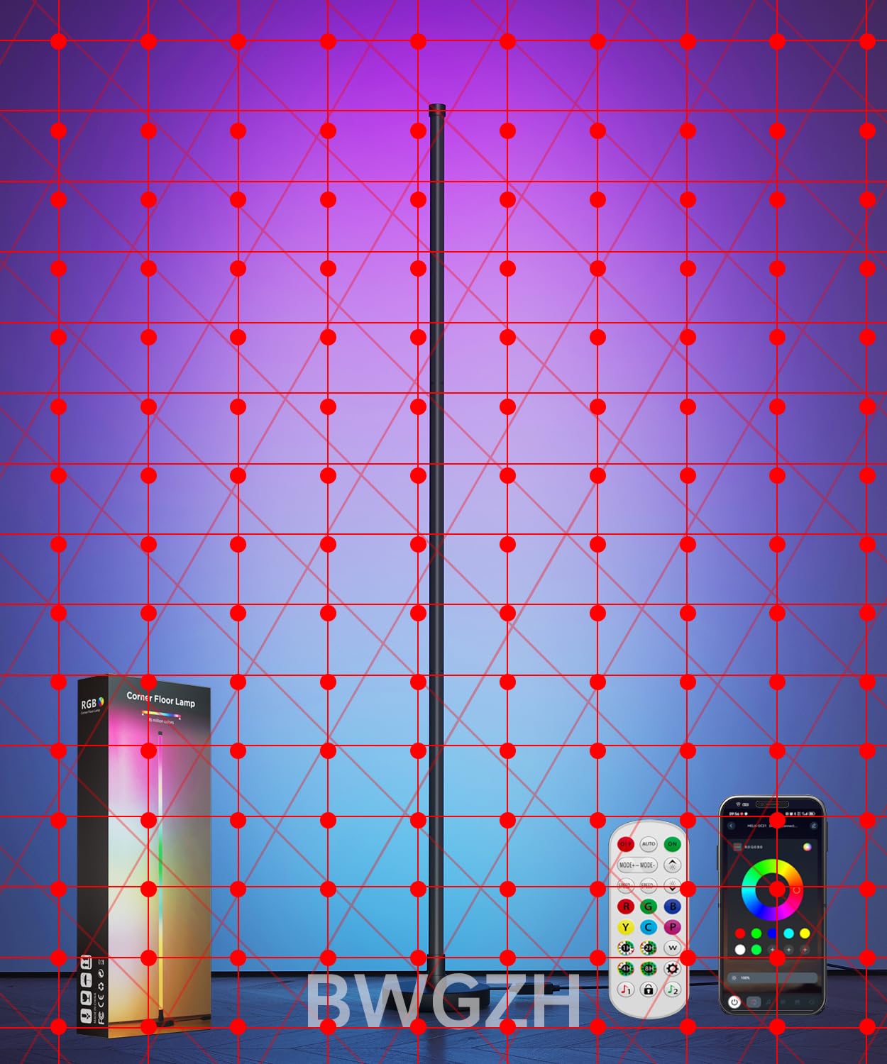 Photo 1 of BWGZH Corner Floor Lamp,LED Lamp with 16 Million DIY Colors,Remote & APP Control,Music Sync,Color Changing Standing Lamp for Bedroom, Living Room and Gaming Room