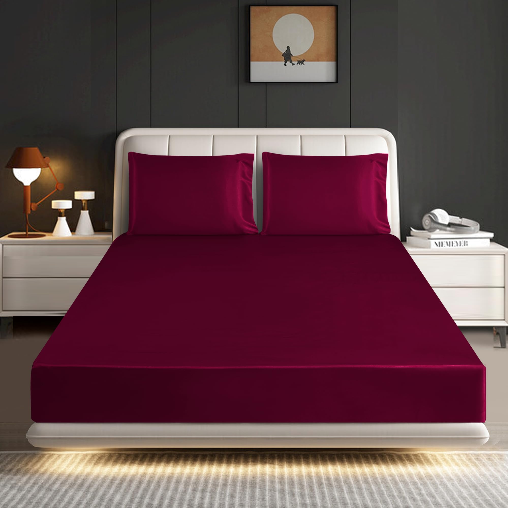 ROOEE Satin Silk Fitted Sheet with Pillowcase Set Breathable Soft Bedding Brushed Fabric Wrinkle, Shrinkage and Fade Resistant Bottom Bed Sheets (BURGUNDY, Single)