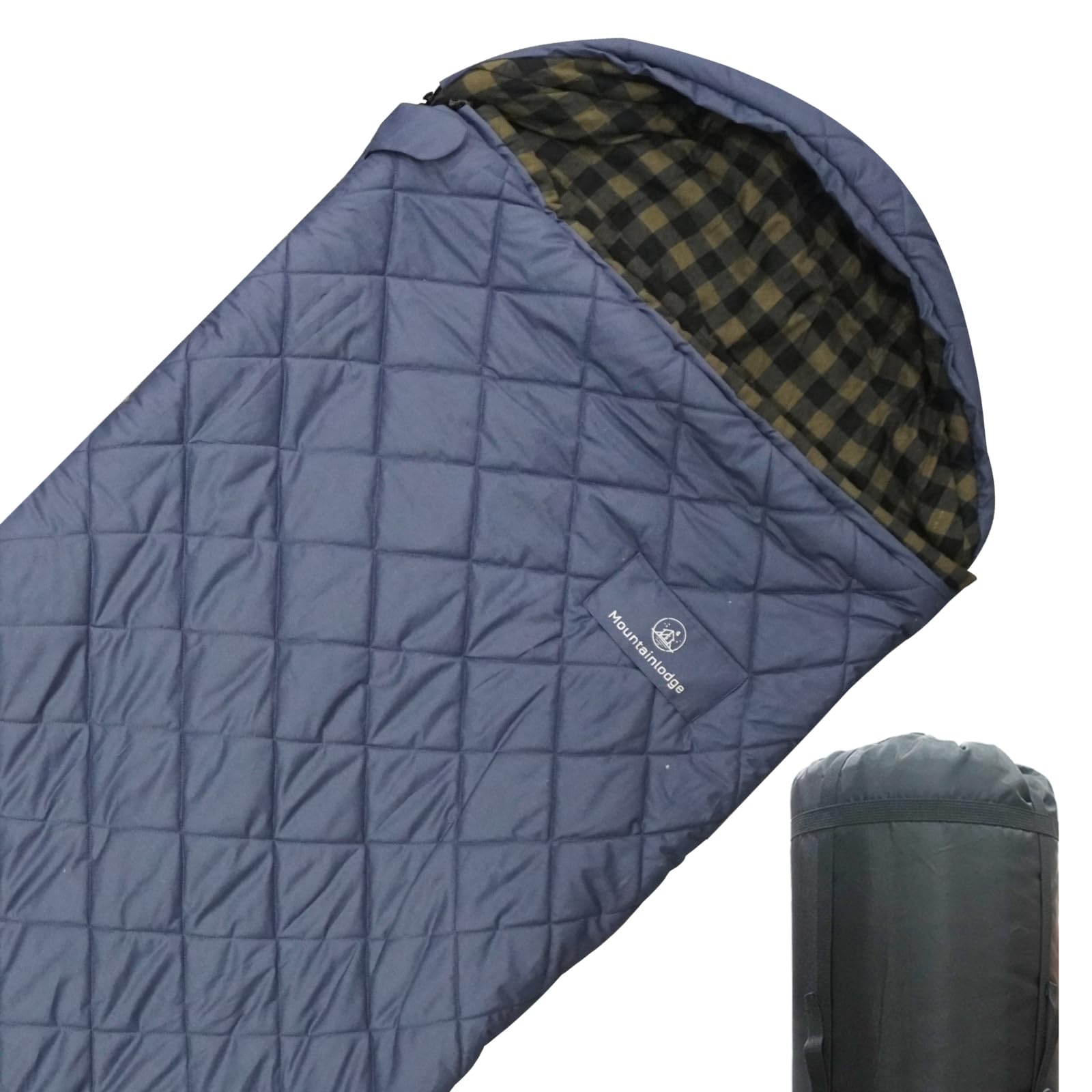 Photo 1 of Mountainlodge 100% Cotton Shell and Lining Sleeping Bag for Adult Cold Weather with Compression Bag&Carry Bag for Camping,Travel and Car Camping (Little Grid Dark Blue with Right Hand)
