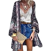 Women’s Bohemian Floral Print Kimono Cardigan Blouse Casual Summer Loose Cover Ups Long Sleeve Tops