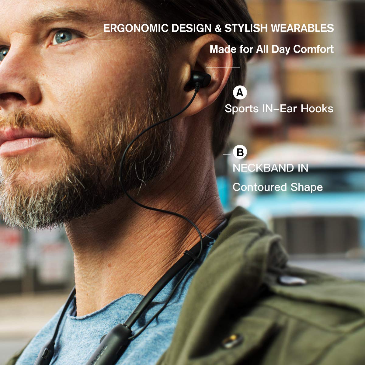 Jabees NBees Bluetooth Earbuds Wireless Neckband Headsets Noise Cancelling Stereo Earbuds w/Mic Soft Neckband Stylish Wearables for Handsfree and Music in-Ear Metal Headphones