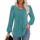 Long Sleeve Shirts For Women Fall Fashion 2025 Womens Tunic Tops Pleated Crew Neck Puff Sleeve Blouses Dressy Casual
