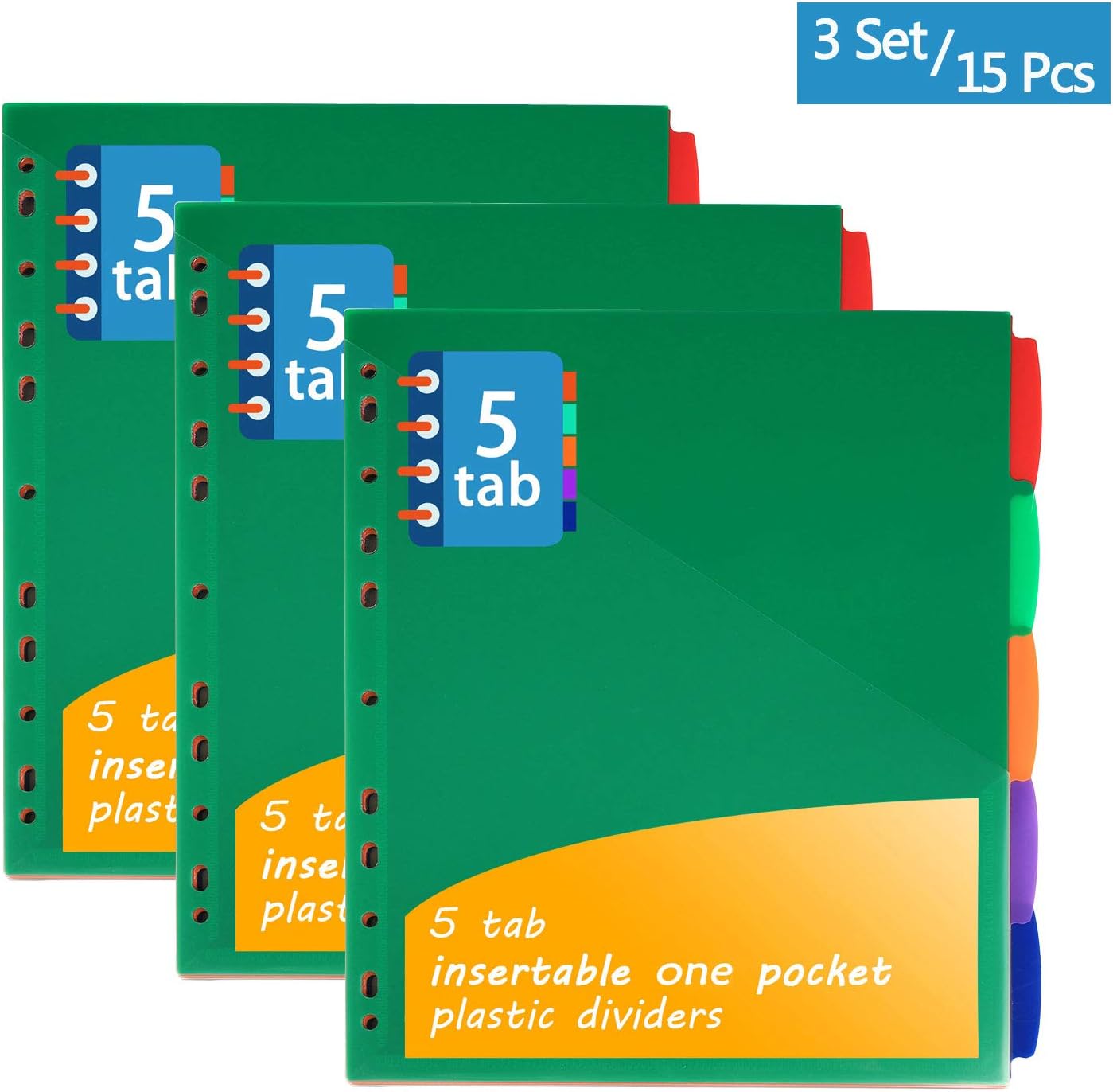 INFUN Plastic 5-Tab Dividers with Front Pocket, Plastic Pocket Dividers for 3-Ring Binders, Pack of 3 Sets, Multicolor Tab dividers : Office Products