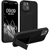 kwmobile Case Compatible with iPhone 15 Plus - Case with Hand Strap and Stand Soft TPU Silicone Coating - Black