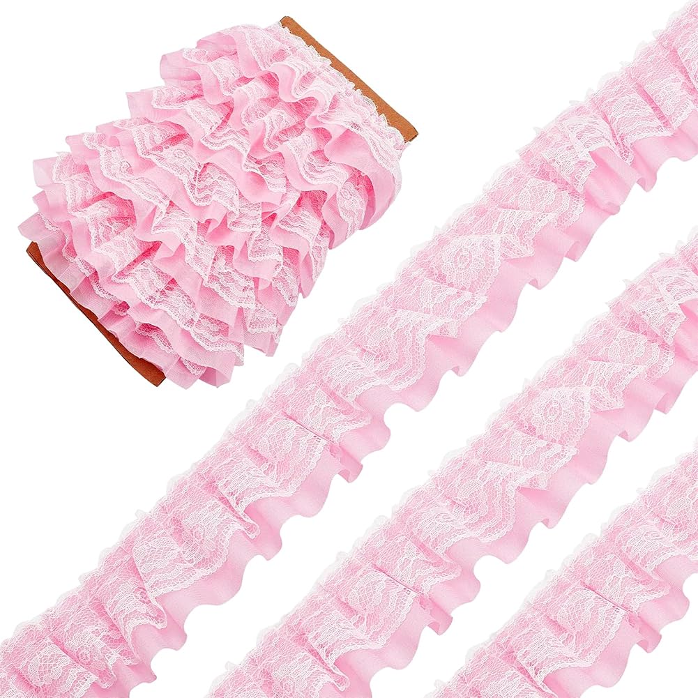 Photo 1 of GORGECRAFT 11 Yards Pink Double-Layer Pleated Chiffon Lace Trim 5cm Wide 2-Layer Gathered Ruffle Trim Edging Tulle Trimmings Fabric Ribbon Jacquard lace for DIY Sewing Crafts Pillowcase Embellishments