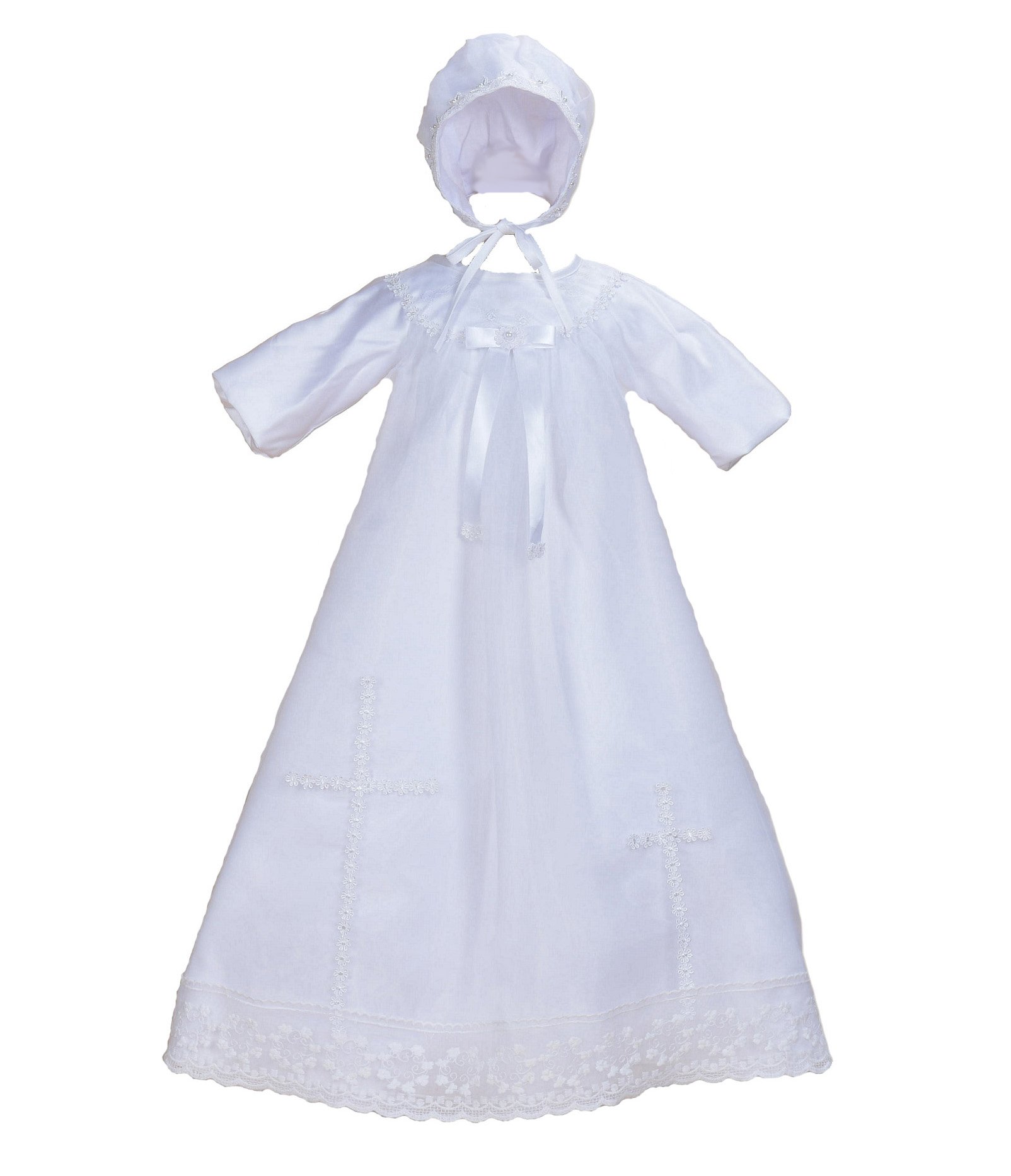 Cinda Baby Long Sleeves Satin Christening Long Gown and Bonnet White 0-3 Months