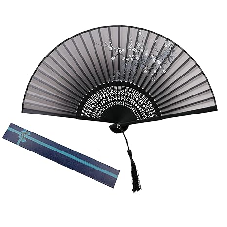 KAKOO Damen Handfächer mit Geschenkbox Chinesischer Blumen Stoff Fächer Bambusgriff Wandfächer Hochzeit Party Tanzen Fasching
