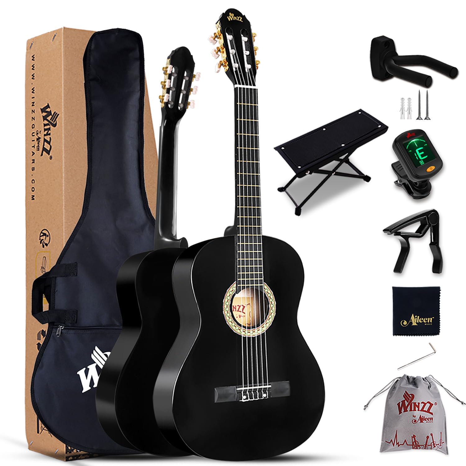 Winzz 4/4 Full Size Classical Guitar for Adults Teenager Students Beginners with Nylon-String (39 Inches, Black Glossy)