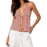 RUEWEY Women Striped Shirt Tie Front Halter Tank Top Sexy Deep V Neck Sleeveless Backless Cami Shirt Y2K Crop Tops