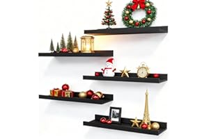 RICHER HOUSE 5 Set Floating Wall Mounted Shelves, Black Shelves for Wall Decor, Modern Picture Ledge Shelf with Lip for Storage, Nursery, Bedroom, Living Room, Bathroom - Black