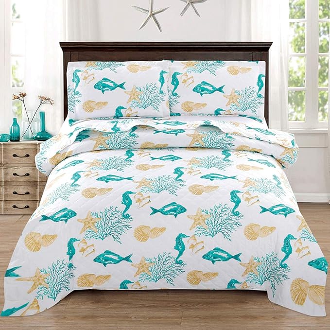 Junsey 3Pcs Coastal Quilt Set Full/Queen Size Seashell