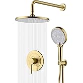 sumerain Rain Shower System with 10 inch Rainfall Shower Head,Brushed Gold Shower Faucet Complete Set with Rough-in Valve and Trim Kit