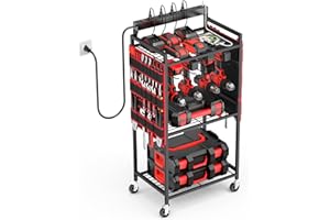 JUNNUJ Garage Large Power Tool Organizer Cart with 8 Outlet 3 USB Charging Station, Floor Rolling Drill and Tools Battery Storage Cart on Wheels, Heavy Duty Utility Rack Shelf with Power Strip