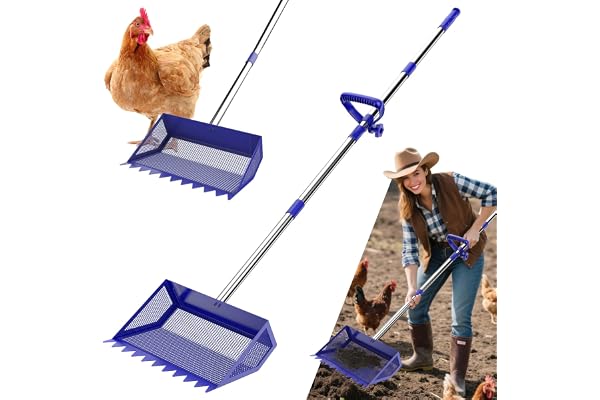 Chicken Poop Scooper & Rake 2-in-1, 304 Stainless Steel Shovel Head, Chicken Litter Scoop with Handle for Chicken Coop & Pet