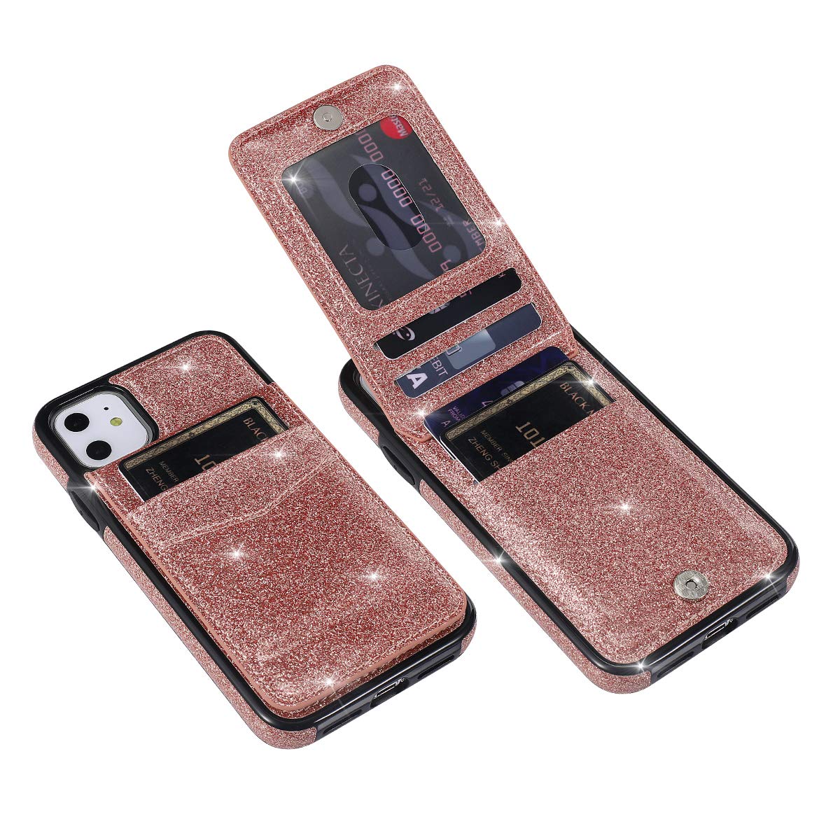 UEEBAI Wallet Case for iPhone 11, Glitter Ultra Slim PU Leather Case Back Wallet Kickstand Cover with Card Holder Slots Magnetic Clasp TPU Shockproof Flip Folio Case for iPhone 11 - Rose Gold