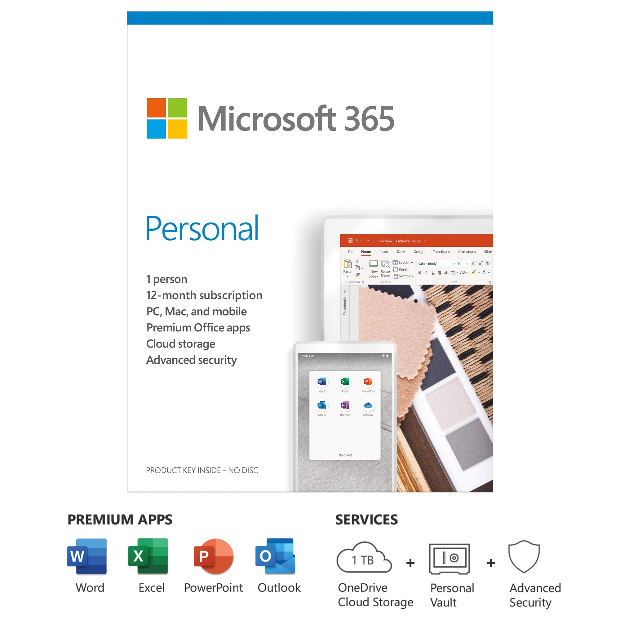 Microsoft 365 Personal | Office 365 apps | 1 user | 1 year subscription | PC/Mac, Tablet and phone | multilingual | box