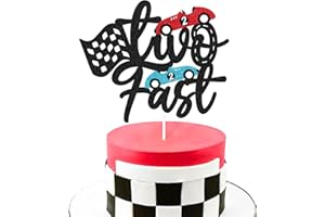 LEVVCIRKI Two Fast Cake Topper Racing Car Chequered Flag Themed Happy Birthday Party Supply for Boys Girls Kids 2nd Second Two Bday Cake Decoration