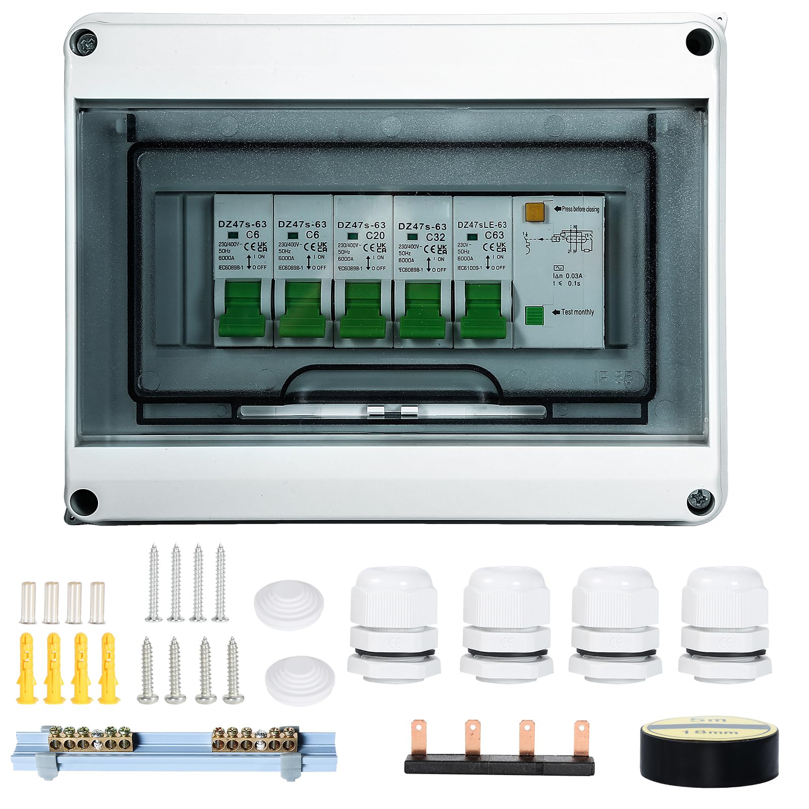 4 Way Consumer Unit Circuit Breaker IP65 Anti-Leakage AC400V Fuse Box with Protective Cover Distribution Box for Outdoor Outbuildings Garage, Shed, Caravans, Workshops, 6A+6A+20A+32A
