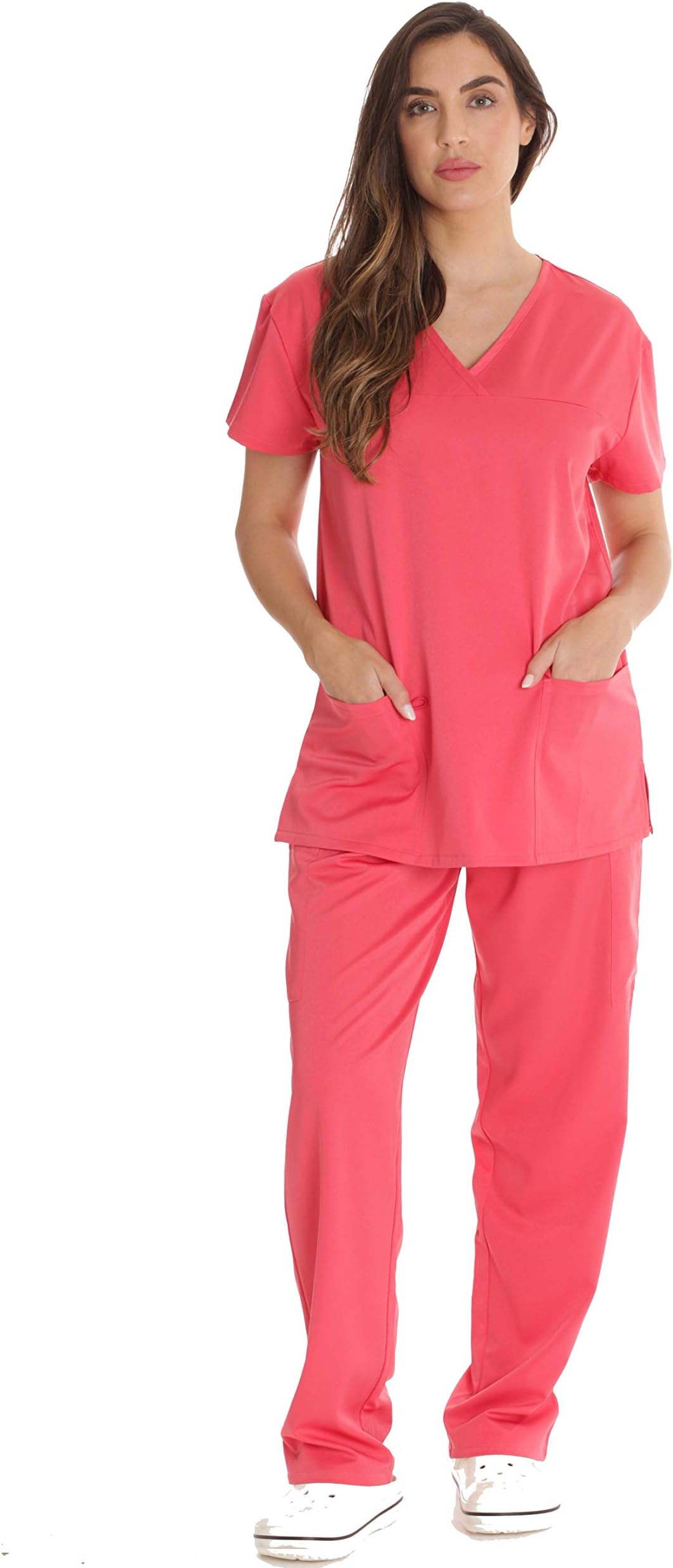 Just Love Solid Stretch Scrub Set for Women Stretchy Mock Wrap Top and Cargo Pants