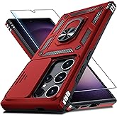 Janmitta Compatible with Samsung Galaxy S25 Ultra Case Built in Slide Camera Lens Cover+Screen Protector+Finger Ring Holder Kickstand,Heavy Duty Shockproof Full Body Phone Cover,2025 Red