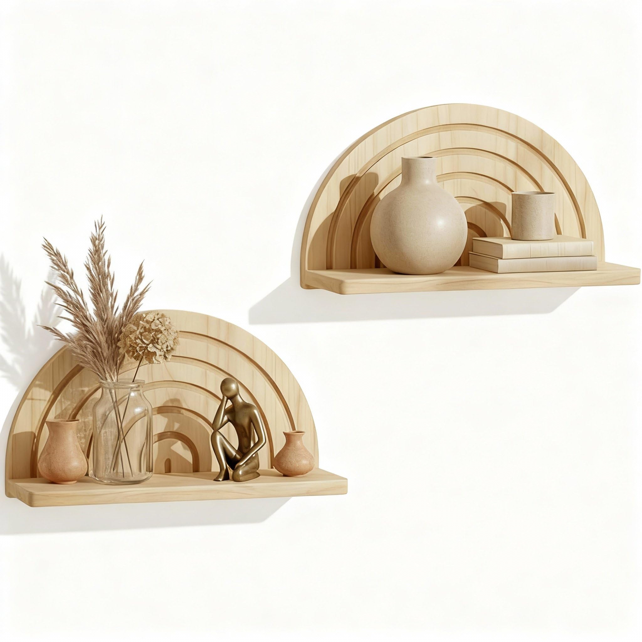 Photo 1 of 2 Pcs Boho Wooden Arched Wall Shelf Mid Century Modern Shelf Wooden Hanging Plant Wall Display Shelves Floating Half Round Rainbow Shelves for Bedroom Bathroom Hallway Balcony Bookstore Decoration