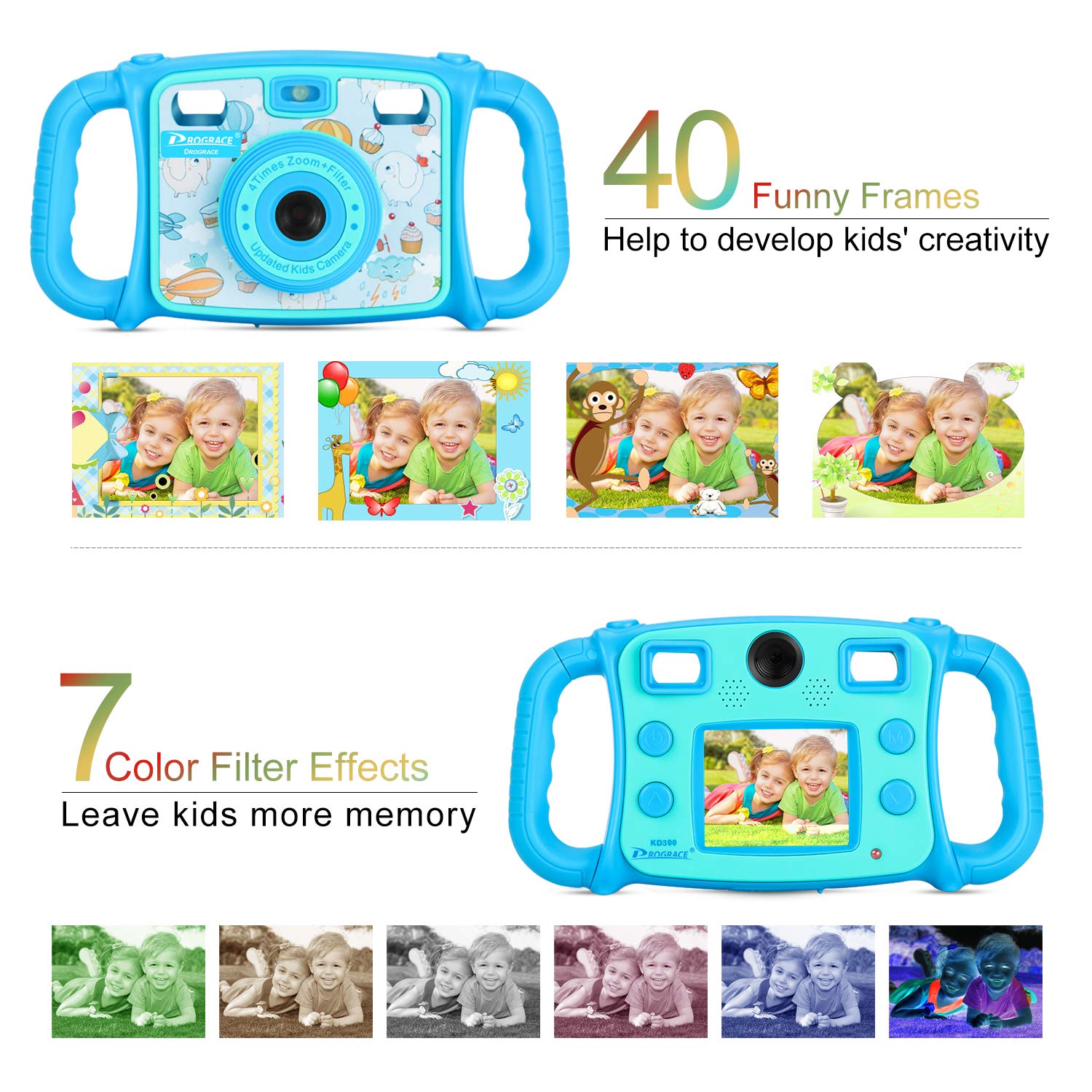 Prograce Kids Camera Dual Selfie Camera 1080P HD Video Recorder Digital Action Camera Camcorder for Boys Girls Gifts 2.0” LCD Screen with 4X Digital Zoom and Funny Game(Blue)