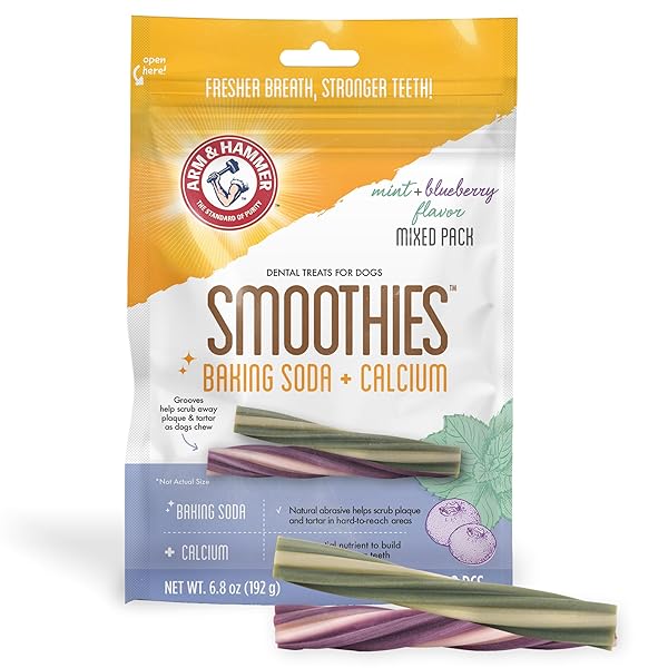 ARM & HAMMER FOR PETS SMOOTHIES DENTAL TREATS FOR DOGS WITH BAKING SODA AND CALCIUM, TREAT CHEWS HELP FIGHT BAD BREATH, PLAQUE & TARTAR, MINT BLUEBERRY & MINT, 8 PCS