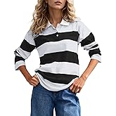 Burtell Fall Striped Polo Long Sleeve Shirts for Women Casual Button Lapel V Neck Color Block Tops Vintage Rugby Shirt Blouse