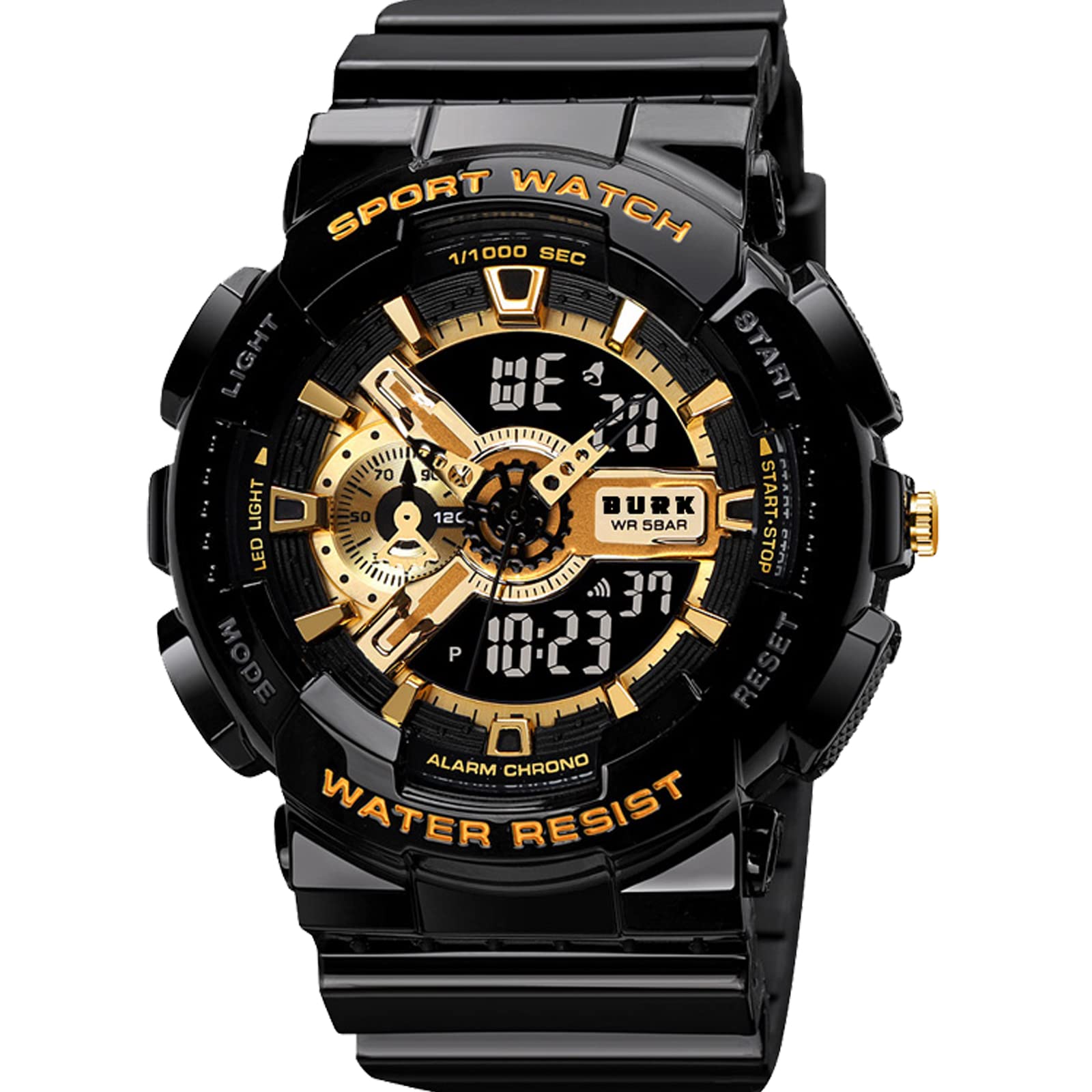 BURK 1688BKGD Military Wristwatch Men Water Shock Resistant Dual Time Sports Digital LED Display