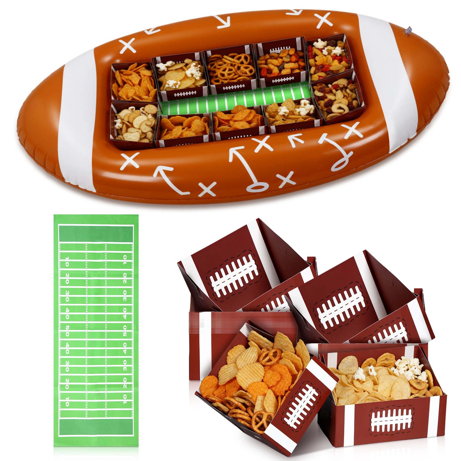 Photo 1 of FoldTier Football Party Supplies 53.1 x 25.5 Inch Large Football Inflatable Snack Bowl with 10 Paper Serving Food Trays Tailgate Stadium Bowl for Birthday Party Decoration Family BBQ Picnic and Sports