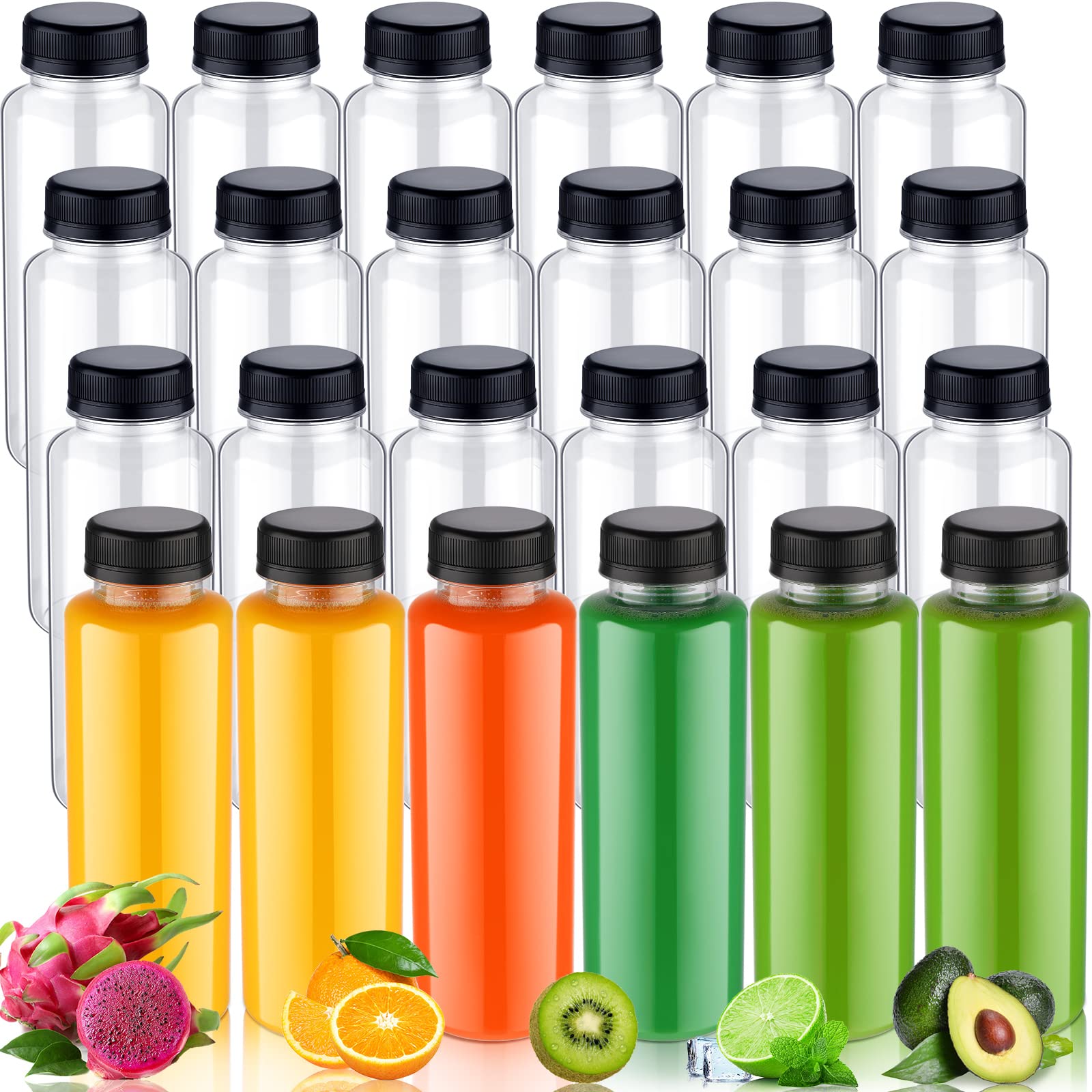 Photo 1 of 24 Pcs 12 Oz Plastic Juice Bottles with Caps Transparent Reusable Beverage Bottles Disposable Drink Containers with Black Tamper Evident Lids for Juicing Smoothie Water Fridge Storage