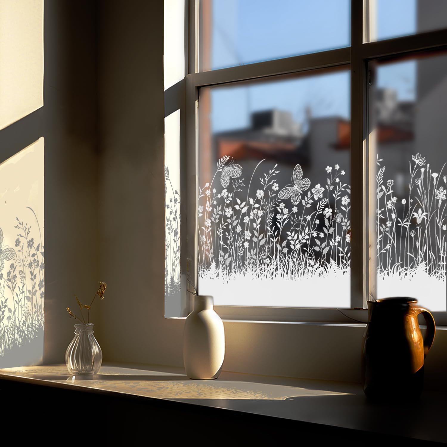 Chicskin 150X58CM Frosted Window Film, Pure White Vintage Window Frosting Film, Floral Window Clings for Kitchen Bathroom Office Bedroom, White Film Meadow and Butterflies