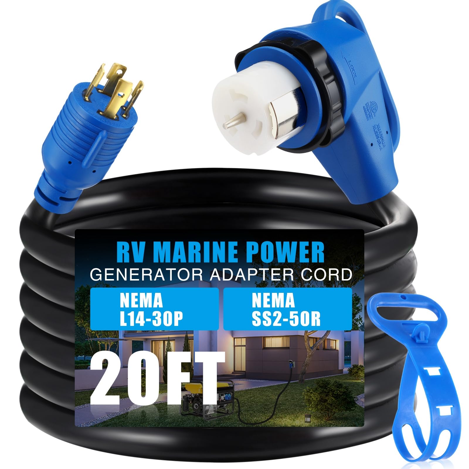 Photo 1 of Kanayu 20ft L14-30p to Ss2-50r Rv Marine Power Generator Adapter Cord, 30a 4 Prong Locking Generator L14-30p Male to 50a Marine Shore Power 90 Degree Right Angle Ss2-50r Female, Etl Listed
