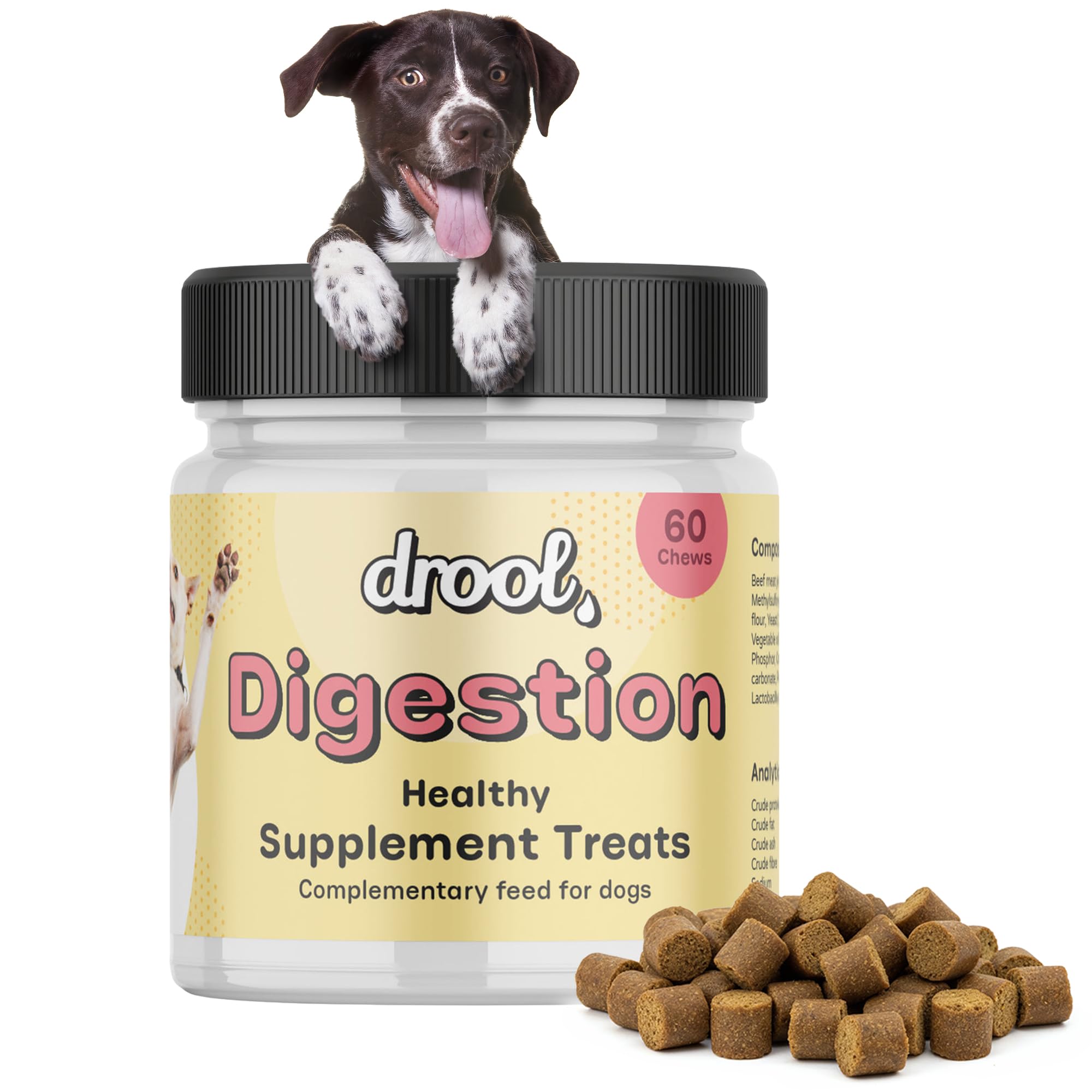Drool Pet Products | Digestive Supplements for Dogs | Probiotics & Fibre for Dogs Gut Health | Natural Dog Digestive Supplements with Biotics for Stomach Relief | 180g (60 Chews)